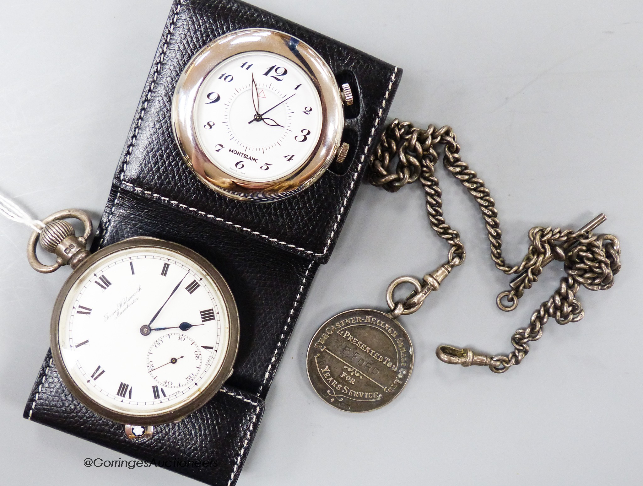 An early 20th century silver open faced keyless pocket watch, a silver and enamelled medallion on a silver albert and a modern Mont Blanc cased travelling timepiece.